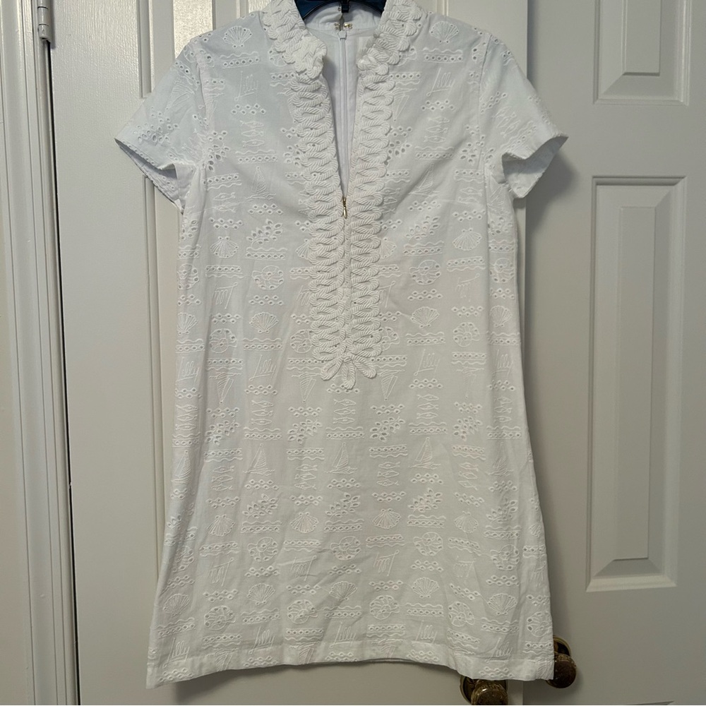 Lilly Pulitzer Mamie Shift Dress Short Sleeves White Out To Sea Eyelet Size 00